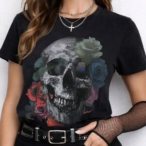 Guess Black Graphic Shirt Skull Floral Roses Sz Large Goth Rock Retro Streetwear